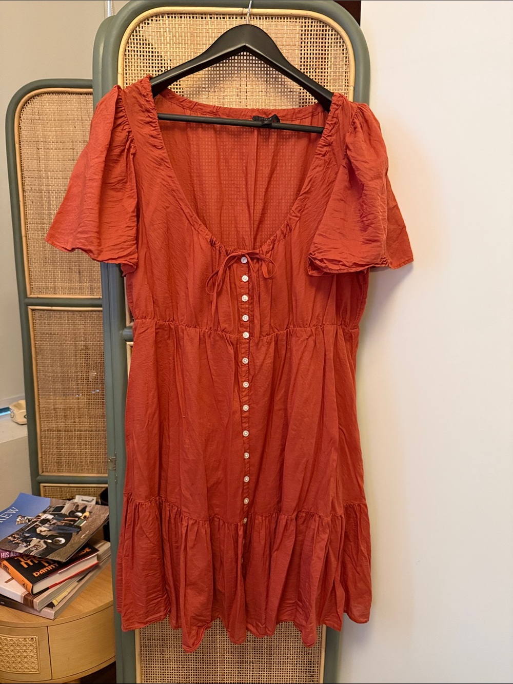 J.Crew Burnt Orange Cotton Mini Dress XL Boho Ruffle Button Front Cover Up